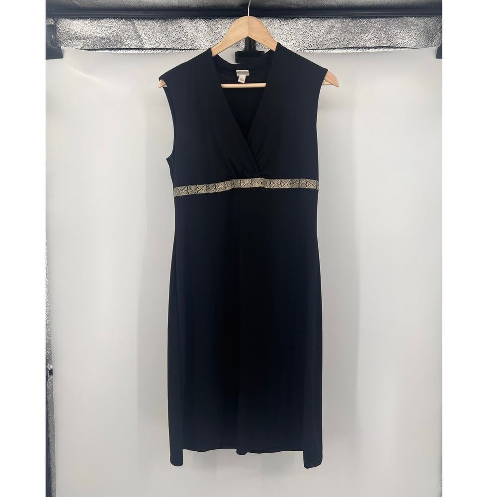 Vtg Merona Lg Women’s Midi Dress Black & Beige V Neck Stretchy Workwear Party